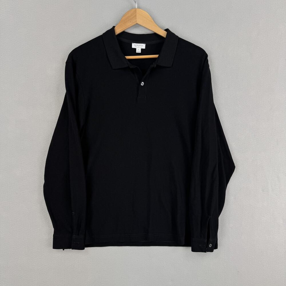 Sunspel Long Sleeve Polo Shirt Mens XL Black 100% Cotton Portugal Knit Casual